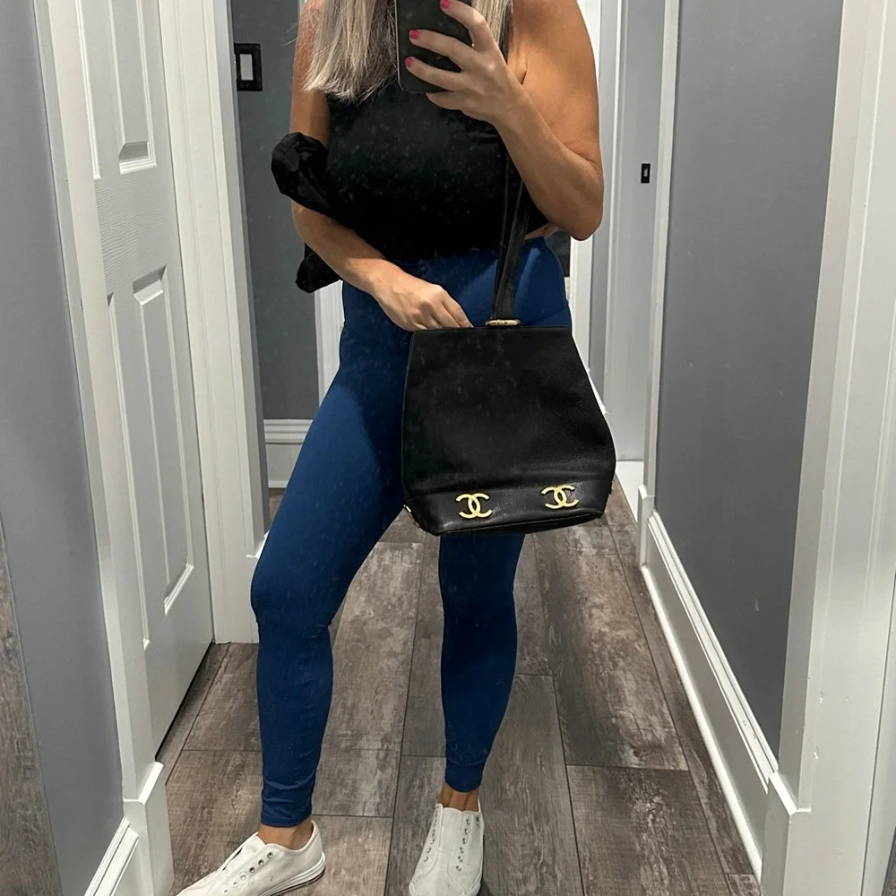 CHANEL Black Leather Bucket Bag with Gold Accents - Picture 4 of 8